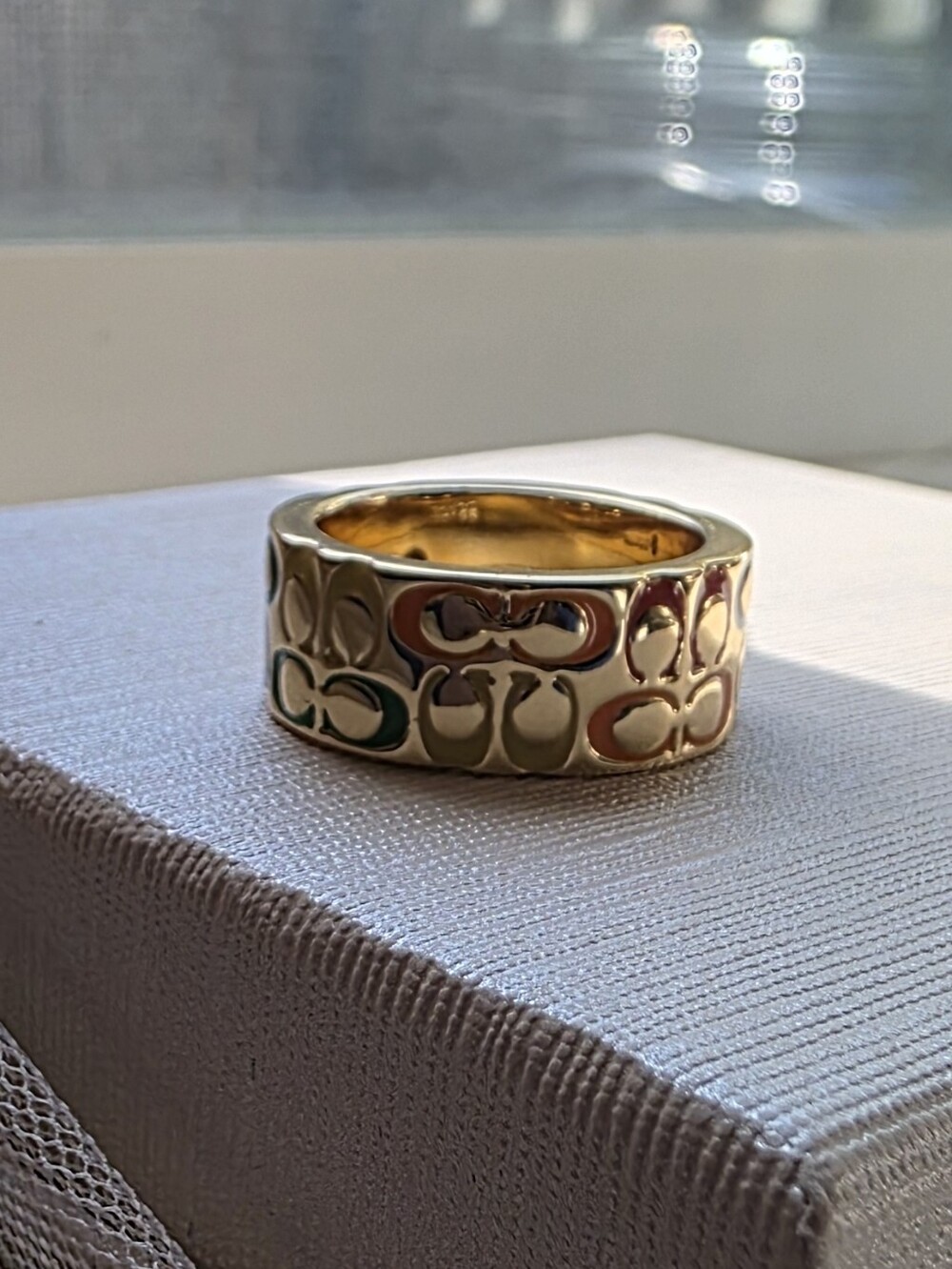 Coach Gold Ring with Green, Blue & Lavender Enamel C Motif Size 7 - Picture 6 of 6
